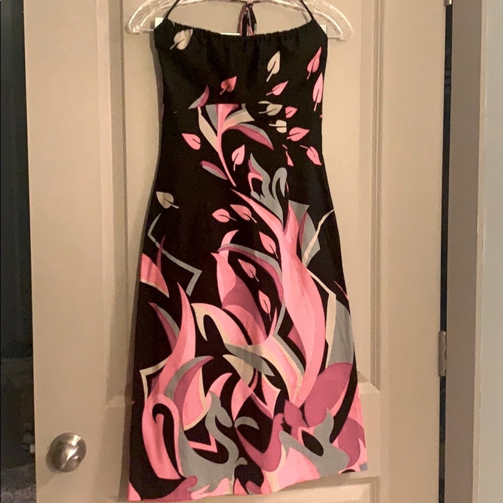 Black dress with pink and gray floral design